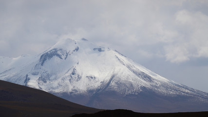 Snow-capped volcanoes and desert landscapes around the Laguna Turquiri, Bolivia. Andean landscapes, the Bolivia Plateau