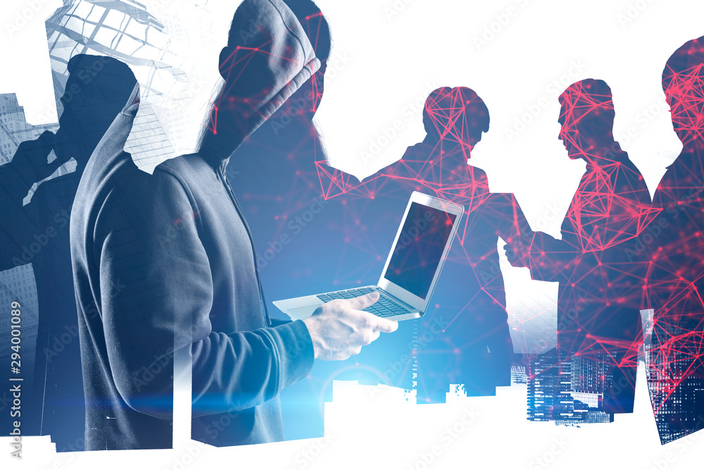 Poster hacker with laptop stealing business data