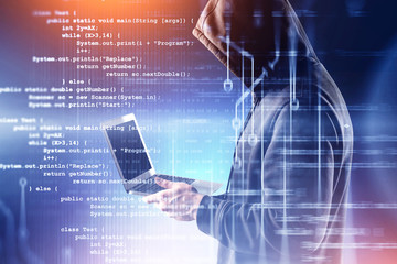 Hacker with laptop, code and circuit interface
