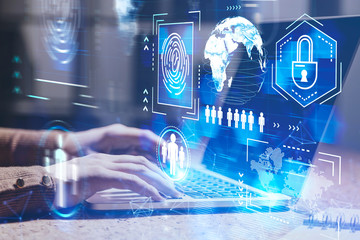 Woman typing on laptop, cyber security icons