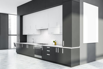 Gray and white kitchen interior with poster