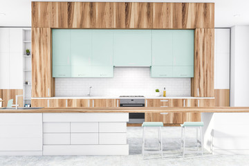 Wooden and white kitchen interior with bar