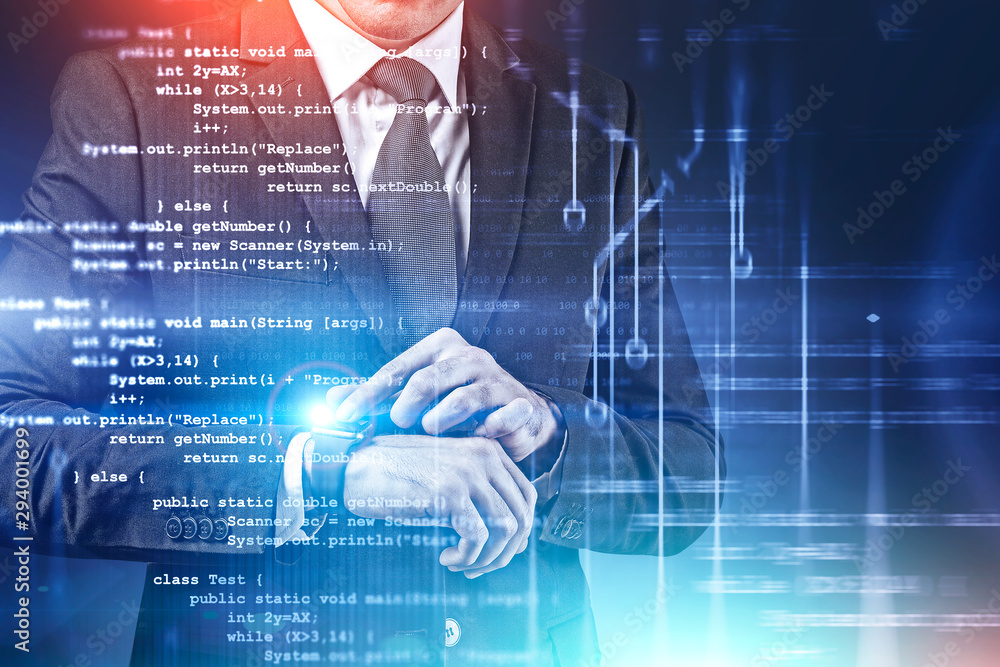 Poster man with smartwatch, programming and iot