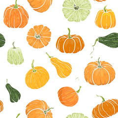 Seamless pattern with hand drawn pumpkin in cartoon style. Cute autumn pattern Seamless textile. design for greeting card and invitation of seasonal fall holidays, halloween, thsanksgiving, harvest