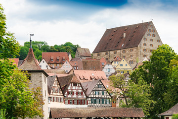 View on historical houses, Sulfer Tower and bridge in Schwabisch Hall, Germany