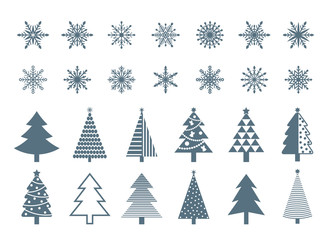 Obraz premium Set of snowflakes and Christmas tree icons. Isolated on white background. Vector illustration. 