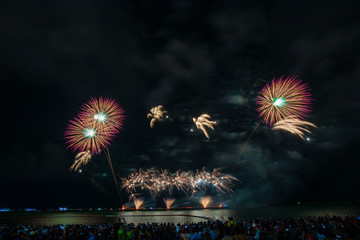 the view of people watching the Firework at Pattaya Beach (Pattaya International Firework 2019), Thailand