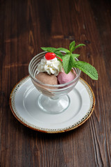 Colored ice cream balls . Restaurant menu