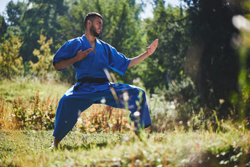 Asian Kazakh karate fighter is combat in blue kimono uniform on a summer beautiful nature landscape...