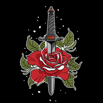 Dagger with rose drawing. T-shirts design in the style of a traditional tattoo.