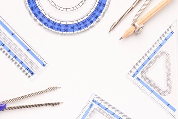Geometry set isolated agains white, flat lay composition, copy space for text