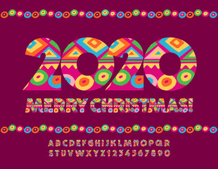 Vector bright greeting card Merry Christmas 2020! Uppercase trendy Font. Alphabet Letters and Numbers with pattern