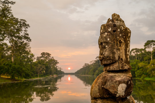 Fiery Sunset Around Temple Area In Cambodia. Siem Reap City 