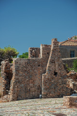 MONEMVASIA/ GREECE JULY 30, 2019: Impressions of the Picturesque Monemvasia fortified town at Peloponnese, Greece