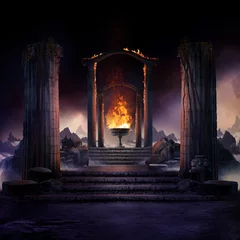 Rolgordijnen Bedehuis Het eeuwige vuur, donker sfeervol landschap met trappen naar oude zuilen en vuurbron, fantasieachtergrond