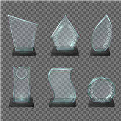 Glass trophy award realistic vector illustrations set