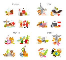 Set of travel symbols of american countries. Vector attributes of the USA, Canada, Mexico and Brazil. Template for travel agencies. Ready-made compositions for advertising banners in flat style.