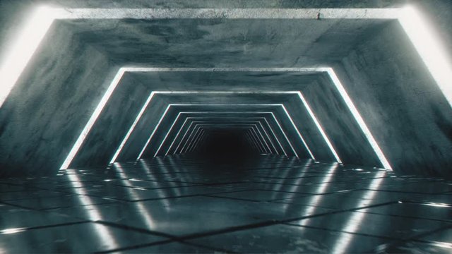Flying in a modern futuristic empty sci-fi night corridor. Retro alien ship in the shape of a hexagon corridor with cold blue luminous neon lights with a square floor. Seamless loop 3d render