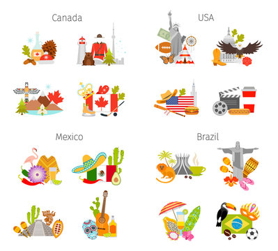 Set of travel symbols of american countries. Vector attributes of the USA, Canada, Mexico and Brazil. Template for travel agencies. Ready-made compositions for advertising banners in flat style.