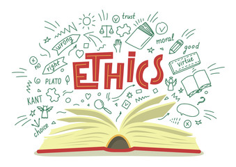 Ethics. Open book with moral philosophy hand drawn doodles and lettering on white background. Education vector illustration.