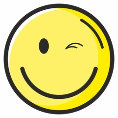 Winking smiley. World Smile Day, October 4th banner. Cute happy round emoticon with a beaming smile. Vector illustration. 