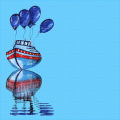 Watercolor vintage schooner boat reflection in water