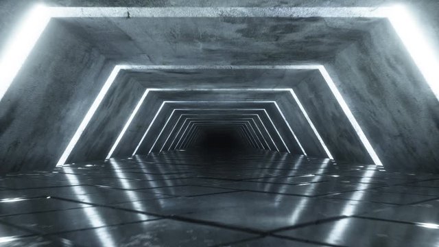 Flying in a modern futuristic empty sci-fi night corridor. Retro alien ship in the shape of a hexagon corridor with cold blue luminous neon lights with a square floor. Seamless loop 3d render