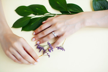 pretty perfect woman hands with white manicure and little flowers on colorful green background, spa concept closeup