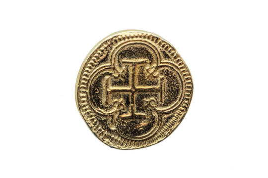 Gold Escudos Coin of Philip II (Felipe II) of Spain Cross In Quatrefoil Reverse side cut out and isolated on a white background