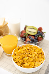 Healthy breakfast. bread, orange juice, strawberry, blueberries, kiwi, milk and cereal in bowl on mat background. Healthy food