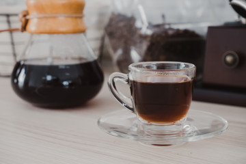 Hot black coffee is ready to drink.