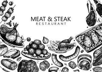 Meat and steak vector design. Hand drawn food illustration. Meat restaurant menu template in engraved style. Vintage background for beer restaurant, grill bar or pub.