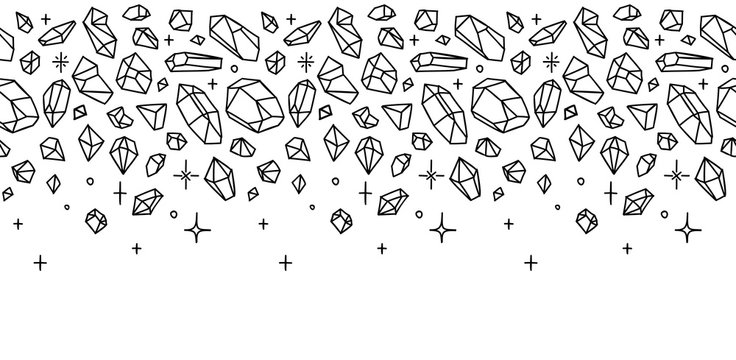 Crystal seamless border. Hand drawn background with gemstones.