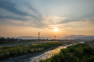 urban sunset scenery with electronic tower