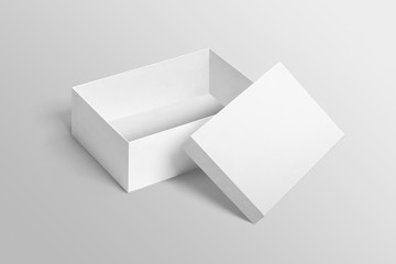 Top view of white plain open shoebox with lid mockup on isolated background