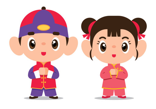 Cartoon cute chinese girl and boy character set flat art. Chinese kids wishing happy chinese new year - flat art vector mascot
