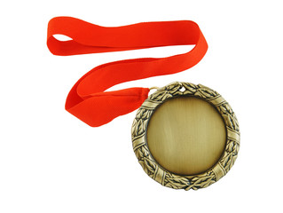 Golden medal with red ribbon isolated on white