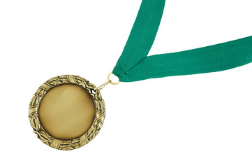 Gold medal with green ribbon isolated on white