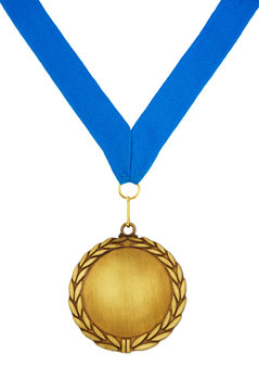 Golden medal with blue ribbon isolated on white