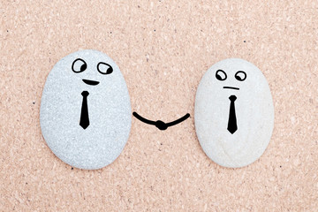 Concept. Business partners shaking hands. One partner is not sure of the right decision.