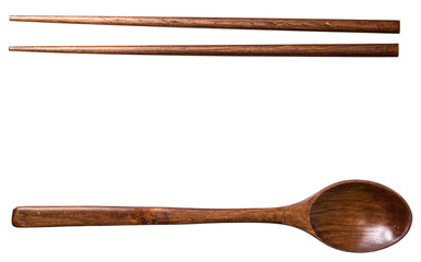 wooden spoon and chopsticks on white background