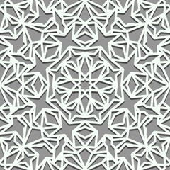 Wallpaper, tile in Islamic style. Seamless background. Gray and white texture with four-pointed stars. Arabic line art backdrop.