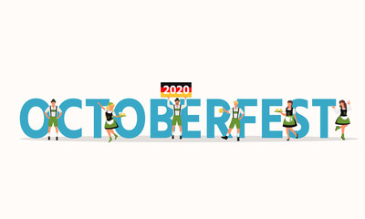 Women and man in traditional Bavarian clothes celebrate beer festival Oktoberfest. Vector illustration with inscription Oktoberfest for poster, party card, wrapping, fabric, print