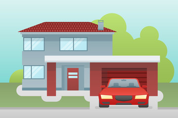 Cottage house with garage and car front view. Vector illustration.