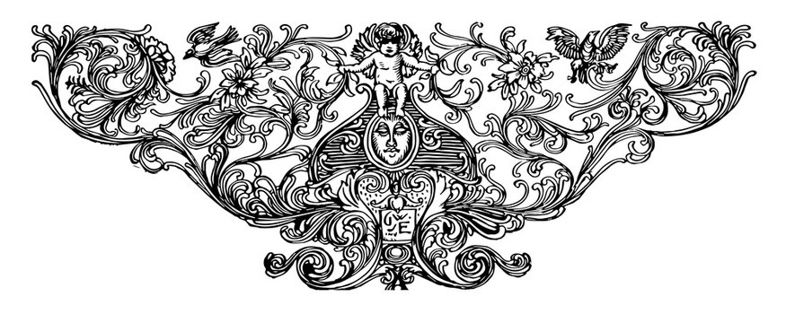 Footer with Cherub with a cherub and birds, vintage engraving.