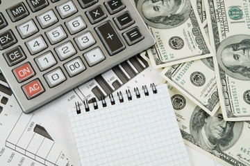Calculator, money and blank page for text, business concept