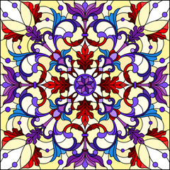 Illustration in stained glass style, square mirror image with floral ornaments and swirls,red and purple patterns on yellow background