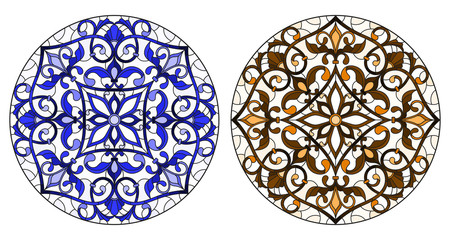Set of illustrations in stained glass style with round floral arrangements, blue and brown