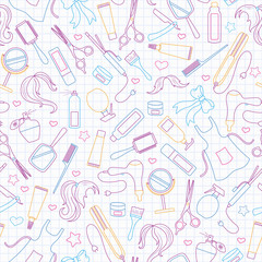 Seamless pattern on the theme of the Barber shop, the tools and accessories of the hairdresser,simple contour icons are drawn with colored markers  on the clean writing-book sheet in a cage