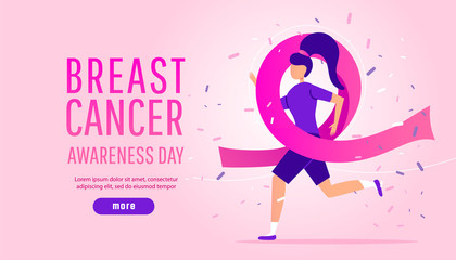 Creative winning concept of breast cancer awareness month. Young girl runs in a charity marathon with a pink ribbon on a gradient background.